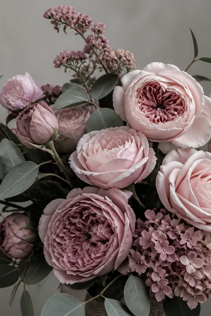 A monochrome bouquet of blush flowers with pink-gray petals, darker rose shadows, and a few white highlights. Leaves are gray-green with soft gradients.