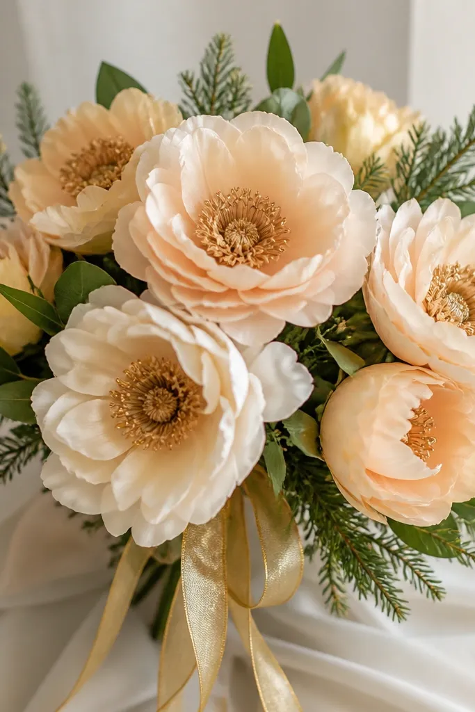A bouquet of cream-peach blossoms with green leaves, each flower having a gold-tan center. Includes a thin gold ribbon and a few small pine needles.