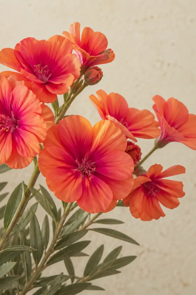 Geranium-like blooms with tangerine petals fading into magenta, plus olive leaves. Background is warm cream with light speckle.