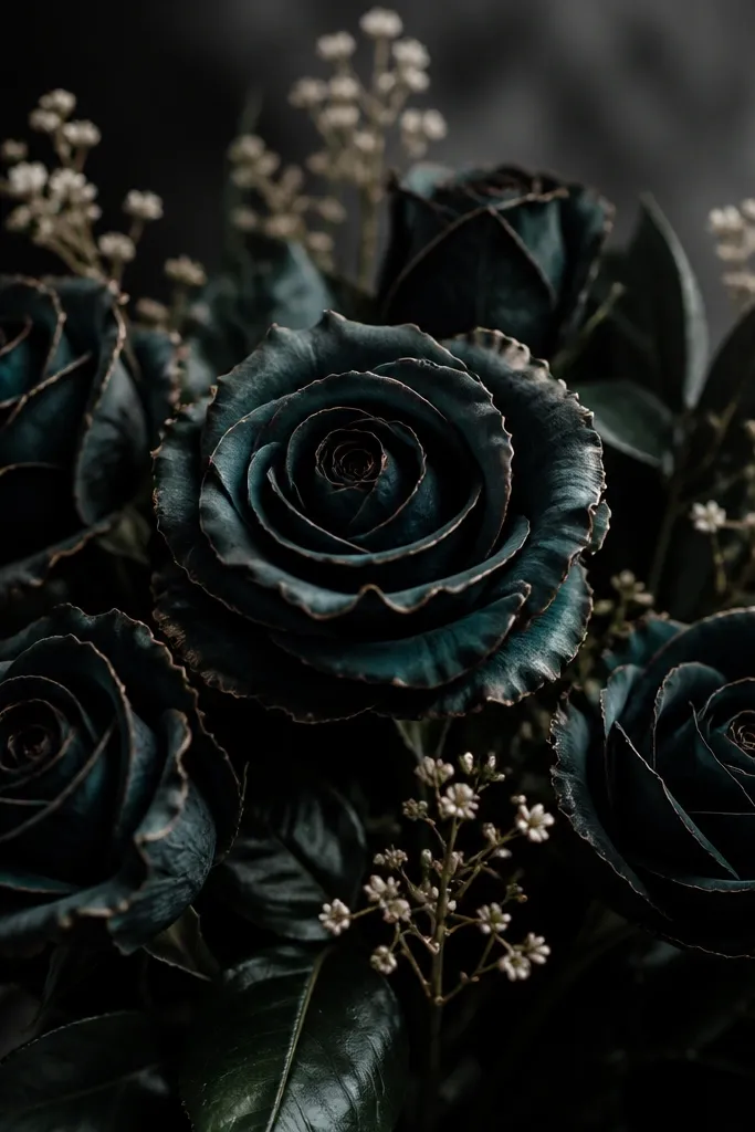 Dark, moody bouquet with teal-black petals, antique rose edges, and small pale highlights. Leaves are nearly black-green with sharp, glossy edges.