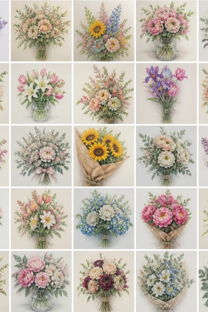 25 flower bouquet color pencil drawing ideas