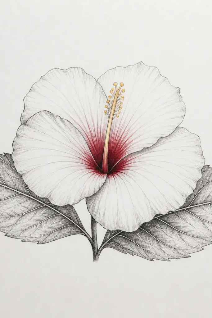 A centered hibiscus flower drawn in pencil and ink, with two large petals visible and a third petal implied behind. Two leaves extend left and right in a fan shape, each with a clear central vein and several side veins. The flower center has a dark red core and pale yellow stamen marks.