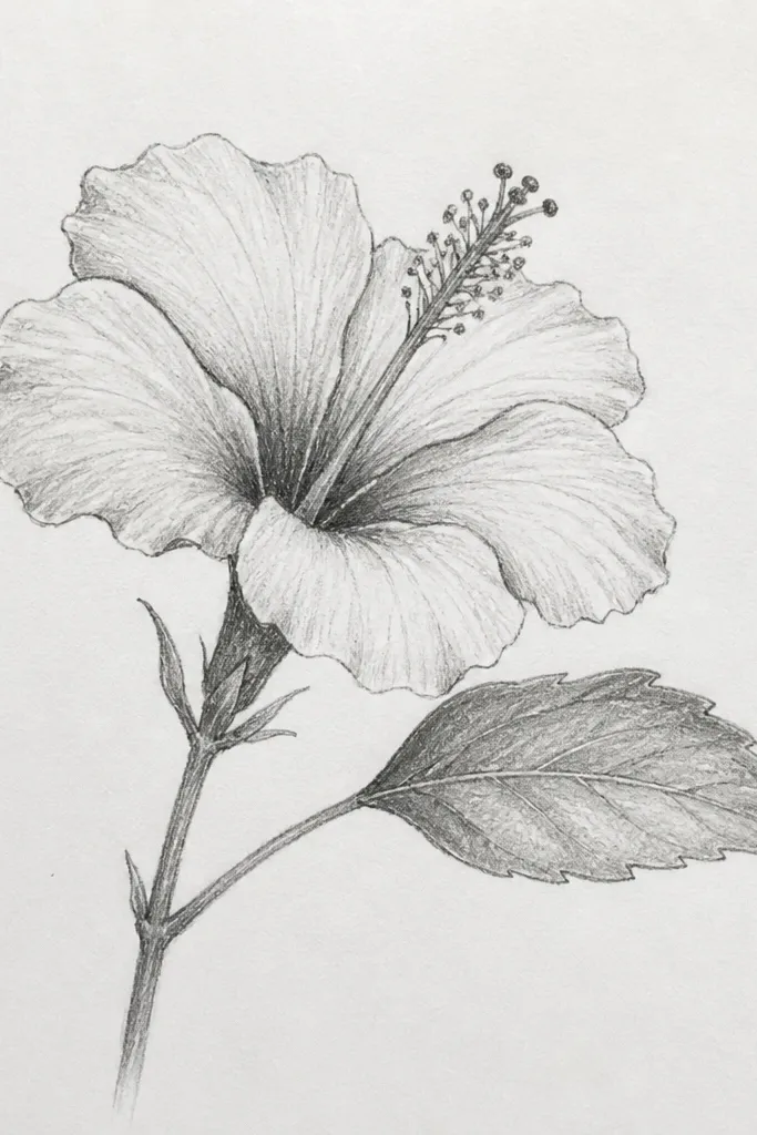 A single hibiscus bloom in the upper right of the page, tilted slightly. One long leaf leans diagonally from the lower left toward the flower, with a strong central vein and faint side veins. The stamen center is colored in yellow with a red ring.