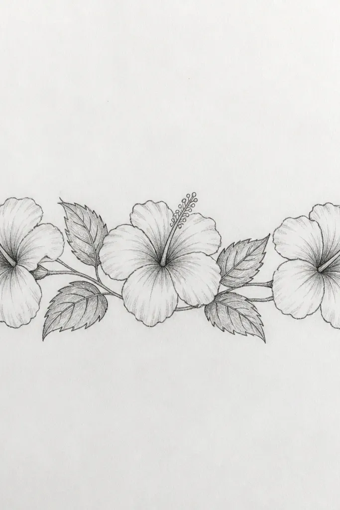 A horizontal strip across the page made of repeating hibiscus blooms. Each bloom has two to three visible petals and a small leaf paired on alternating sides. The leaves have repeated vein patterns, and the hibiscus centers are consistent with yellow stamen and dark red cores.