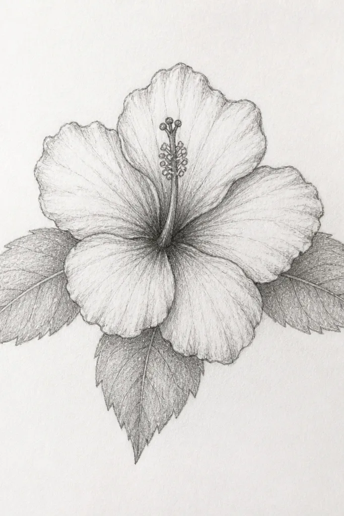 A hibiscus seen from above, petals fanning outward like a flower rosette. Three leaves form a triangle around the bloom: one at the top, two at the bottom corners. Veins run from each leaf base to the tip, and the flower center is dark with a yellow ring.