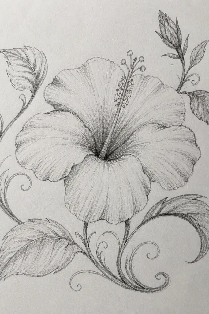 A hibiscus flower centered with two curling leaves that wrap partially around the bloom like parentheses. The leaves have thick central veins, and the curls create a sense of motion. Petals are inked with smooth curves, and the center has a dark red throat with yellow highlights.