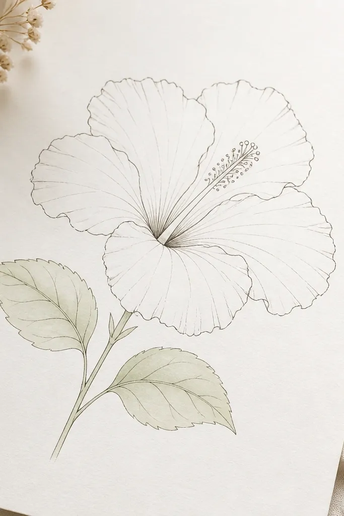 A hibiscus outlined with thin gray ink lines and minimal shading. The leaves are drawn with a few vein lines and a very light green wash that stays mostly pale. The stamen center is suggested with small dots.