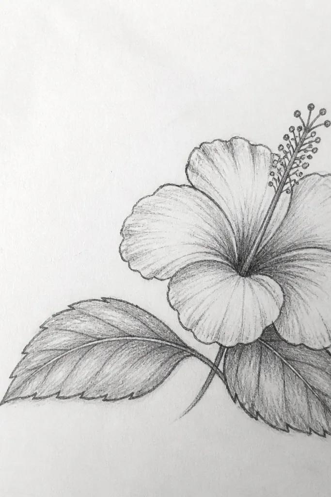 A hibiscus placed in the top-left corner, with two leaves crossing under it like an X. The leaves have clear central veins and darker leaf edges. The petals are inked and colored with a strong red gradient.