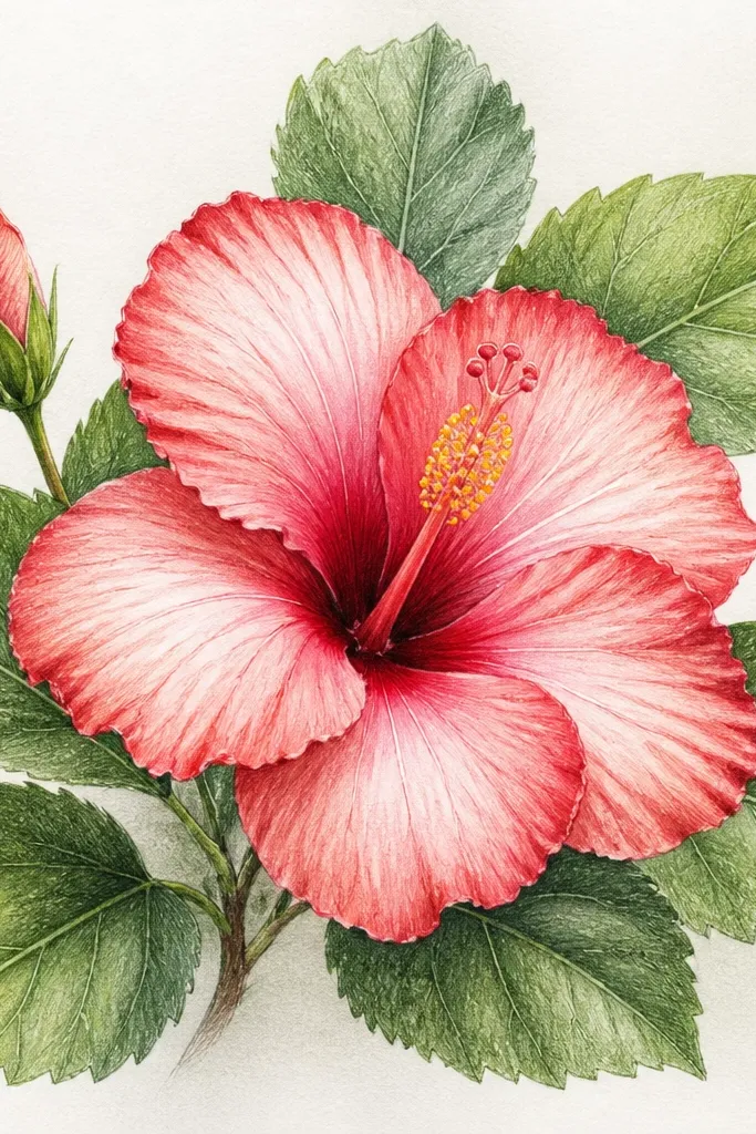 A main hibiscus bloom in the center, a small bud to one side, and a cluster of leaves around them. Leaves have visible pencil texture and soft watercolor color. The petals show light washes with darker red edges.