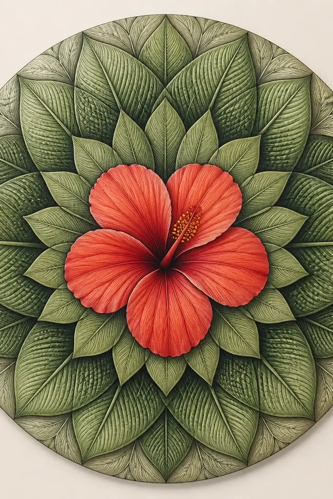 A round drawing with a hibiscus at the center. Several leaf shapes form rings around the flower, each ring slightly larger. The petals are shaded with red-orange, and leaves have repeating vein lines that create a radial pattern.