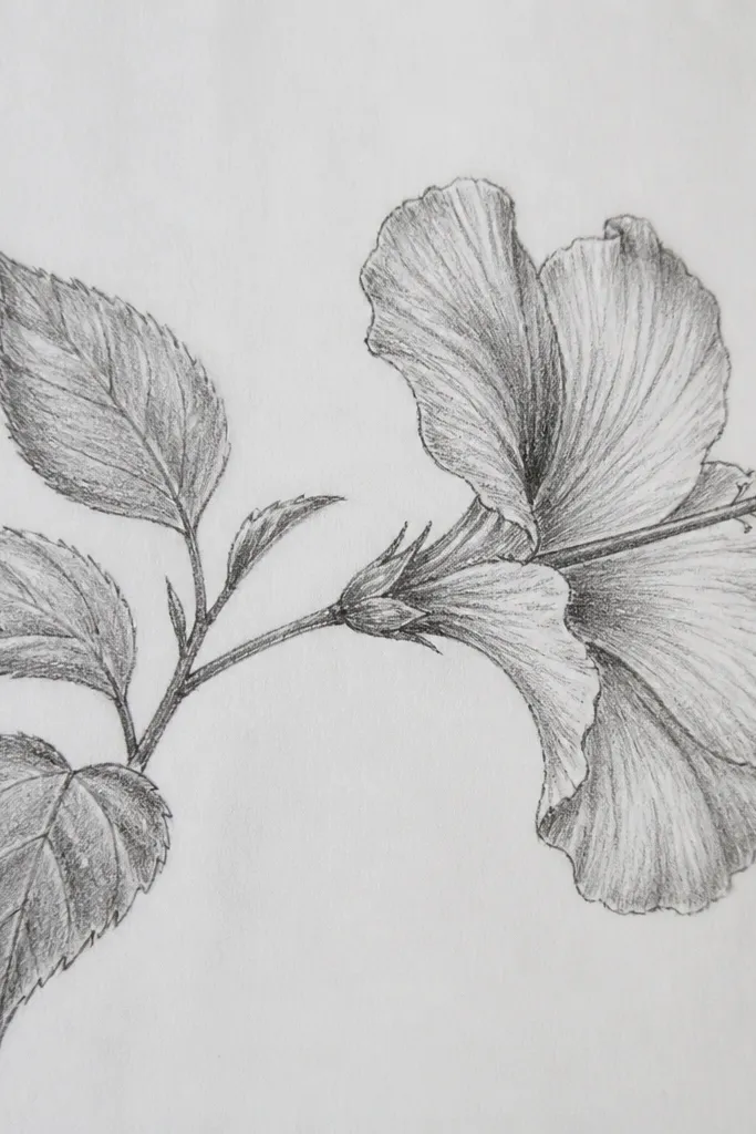 A hibiscus drawn in a three-quarter view, with petals overlapping like a folded fan. Two leaves sit to the sides, one slightly behind the other. The center throat is dark red, and the stamen is yellow with tiny red dots.