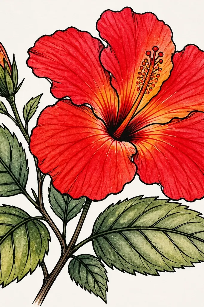 A high-contrast hibiscus drawing with dark black ink outlines. The leaves have noticeably thick central veins and bold side vein lines. Petals are colored with saturated red and orange near the center.