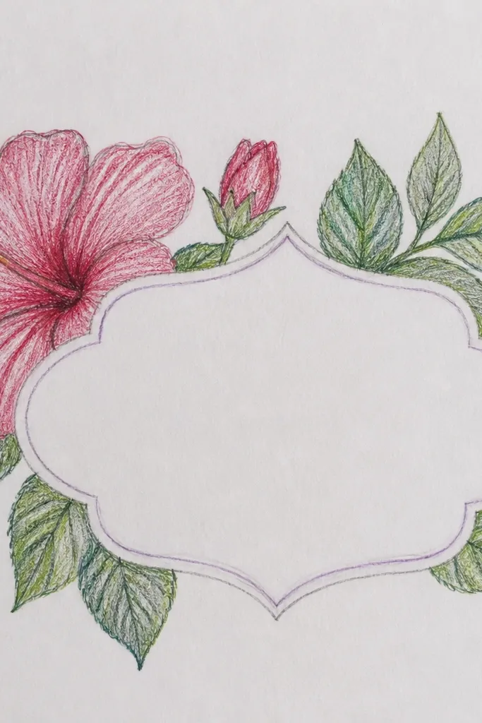 A rounded label outline drawn in pencil, with a hibiscus bloom centered inside it. Leaves extend inward from both sides, staying within the label boundary. The petals are shaded with red and pink, and the leaves are shaded with a soft gradient green.