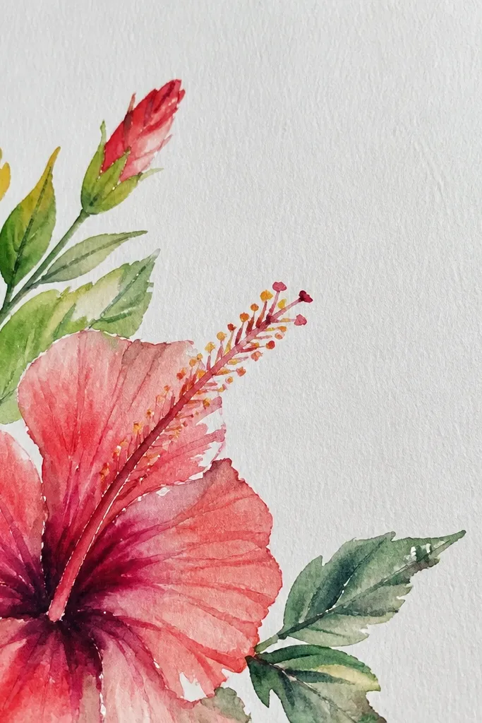 A hibiscus in the lower right corner with a watercolor-like center that spreads slightly. Leaves sit above and left of the bloom with crisp vein lines. Petals have smooth red gradients and the center has a darker red throat that bleeds outward.