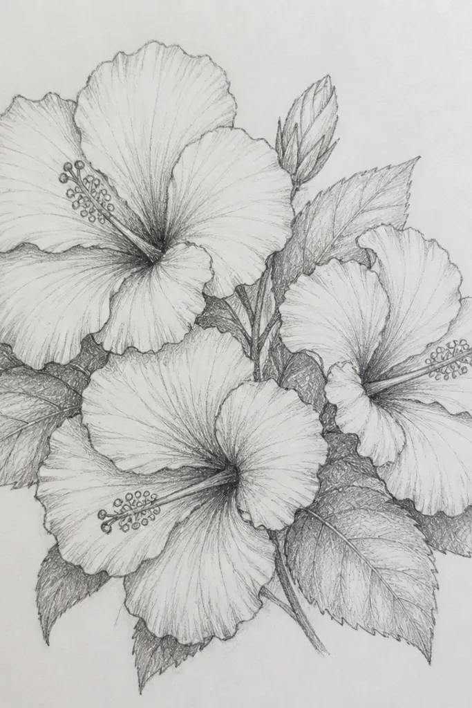 A small cluster of three hibiscus blooms with overlapping leaves in front. Leaves cross between flowers like a layered bouquet. Petals are shaded with red, orange, and a touch of yellow near the center, while leaves show darker shadows under overlaps.