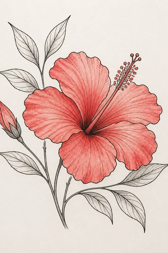 A tattoo-flash style hibiscus on clean paper, with thin linework and minimal shading. Leaves are drawn as slender shapes with fine vein lines. The hibiscus petals are outlined with smooth lines and lightly filled with red wash.