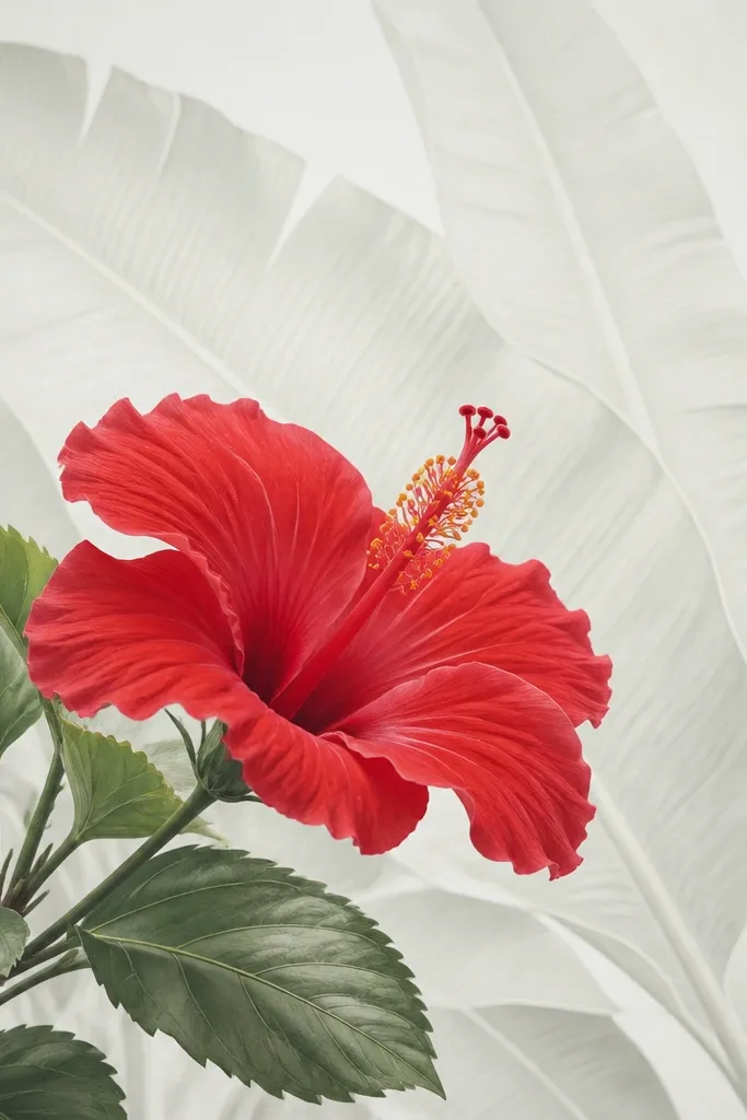 A hibiscus flower drawn in the foreground with its leaves in front. Behind it, faint banana leaf shapes create a texture background. The hibiscus petals are colored bright red, while the background leaves are light green-gray and mostly unfilled.