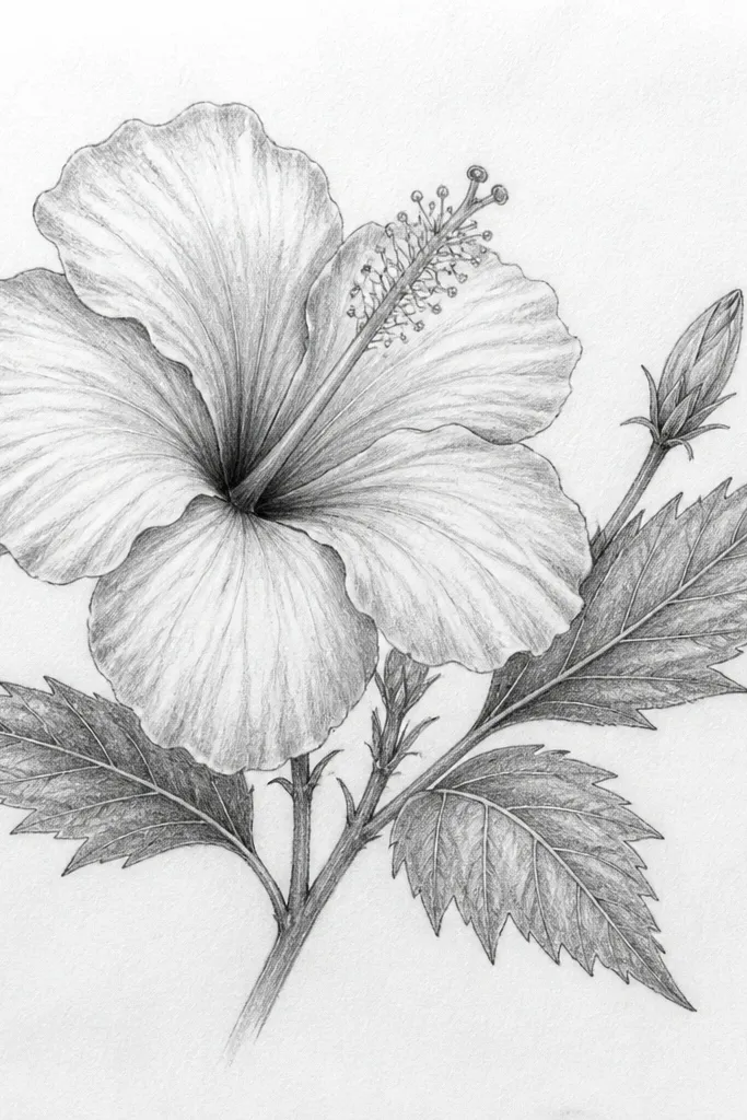 A hibiscus bloom centered with a few leaves that look more spiky and narrow than usual. The leaflets have sharp tips and visible veins, shaded in layered greens. The petals are colored in red with a lighter gradient toward the edges.