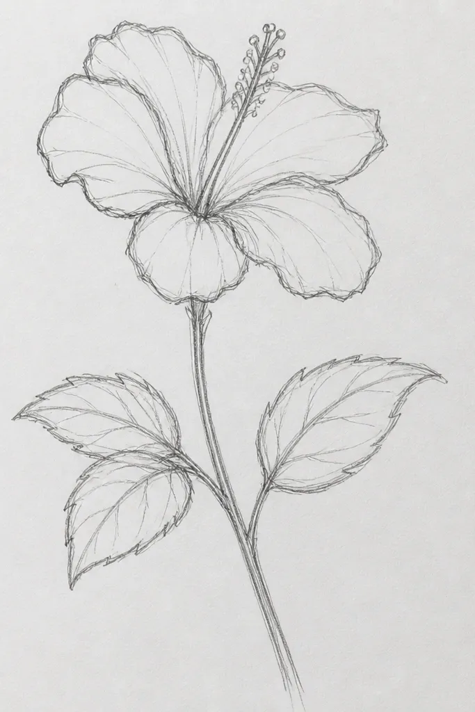 A hibiscus bloom at the top with a long curved stem running down. Two small leaf clusters sit along the stem, one on each side. Leaves have visible veins and layered green shading. The flower petals are red with a yellow center ring.