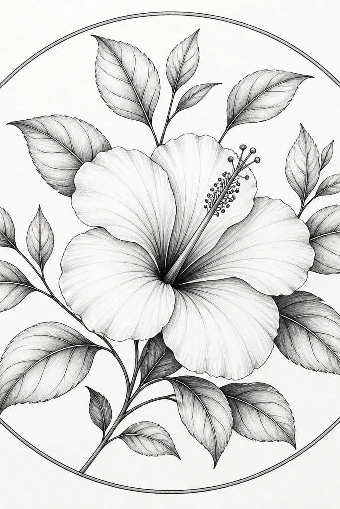 A circular frame drawn in pencil and ink. A hibiscus bloom sits in the middle, and several leaf sprigs extend outward inside the circle boundary. Leaves have clear central veins and a few darker edge shadows.