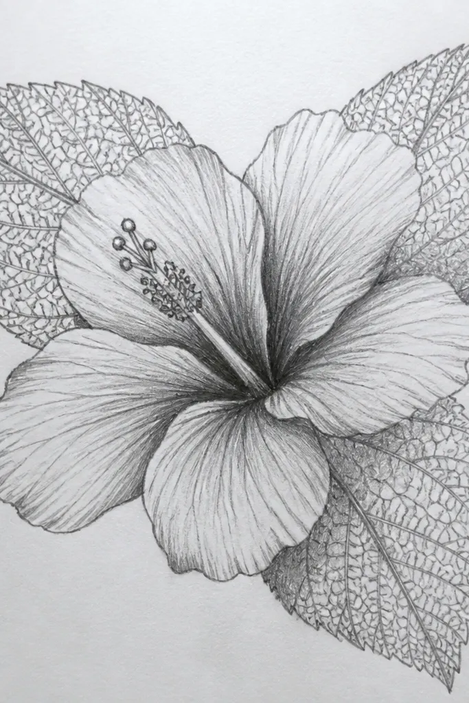 A hibiscus bloom in the foreground, with leaves nearby. In the background, faint repeating leaf vein patterns appear like a subtle grid. The hibiscus petals are bright red and the leaves are green with sharp veins.