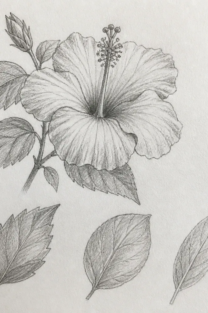 A study sheet with one hibiscus bloom and three different leaf shapes around it: a wide leaf, a narrow leaf, and a smaller leaf. The leaves each show central and side veins but with different proportions. Petals are shaded with red gradients and the center is dark red with yellow stamen dots.