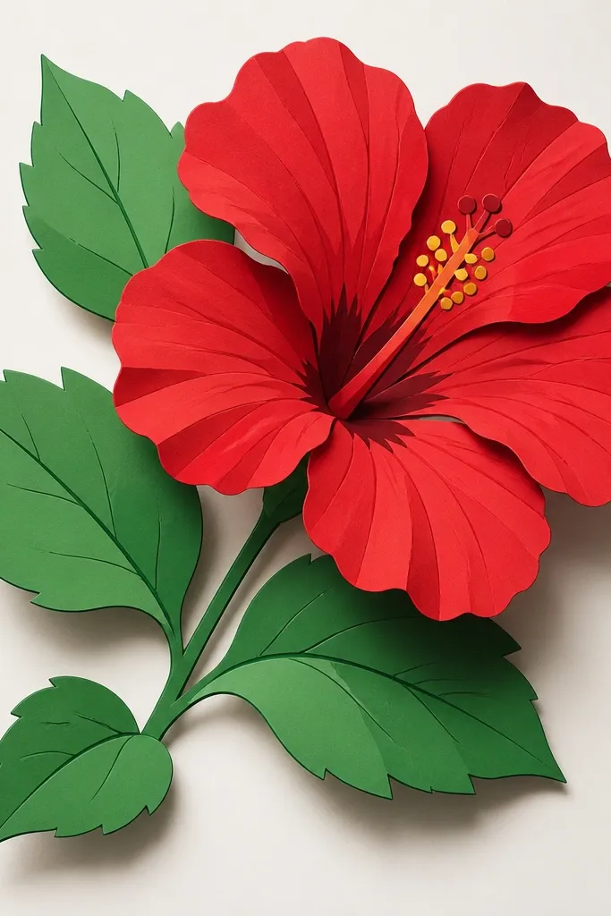 A hibiscus bloom with leaves that look like cut paper. Leaves have crisp ink outlines and flat green fills with slight shadow shapes. Petals are colored red with simple shading, and the center is dark red with yellow dots.