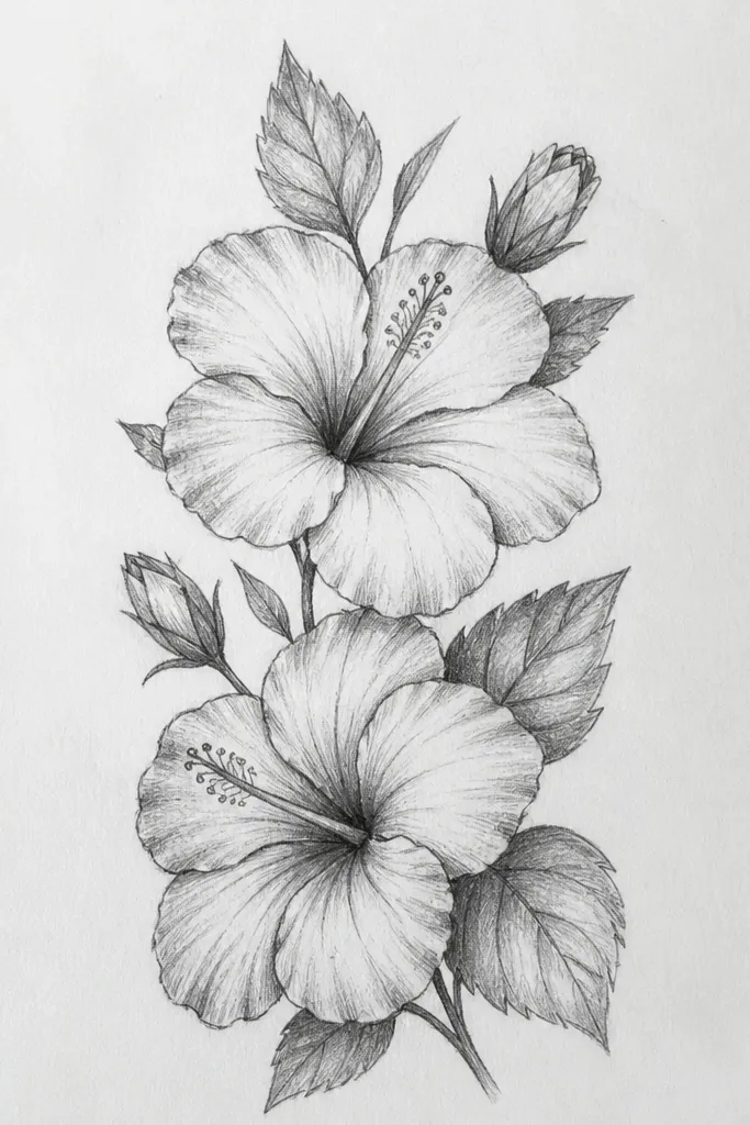 A vertical sticker-like spray: one hibiscus at the top, then a smaller hibiscus below, and leaf clusters between them. Leaves point upward and outward, with clear veins and darker edges. The whole composition has a clean, tall silhouette.