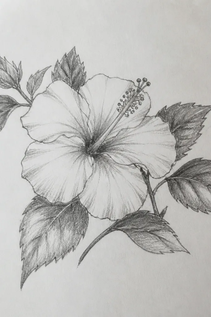 A hibiscus outline with leaves drawn mostly as white shapes against a lightly colored green background. The petals are red with darker outlines. Leaves show only vein lines and edge outlines, while most leaf bodies are left unfilled.