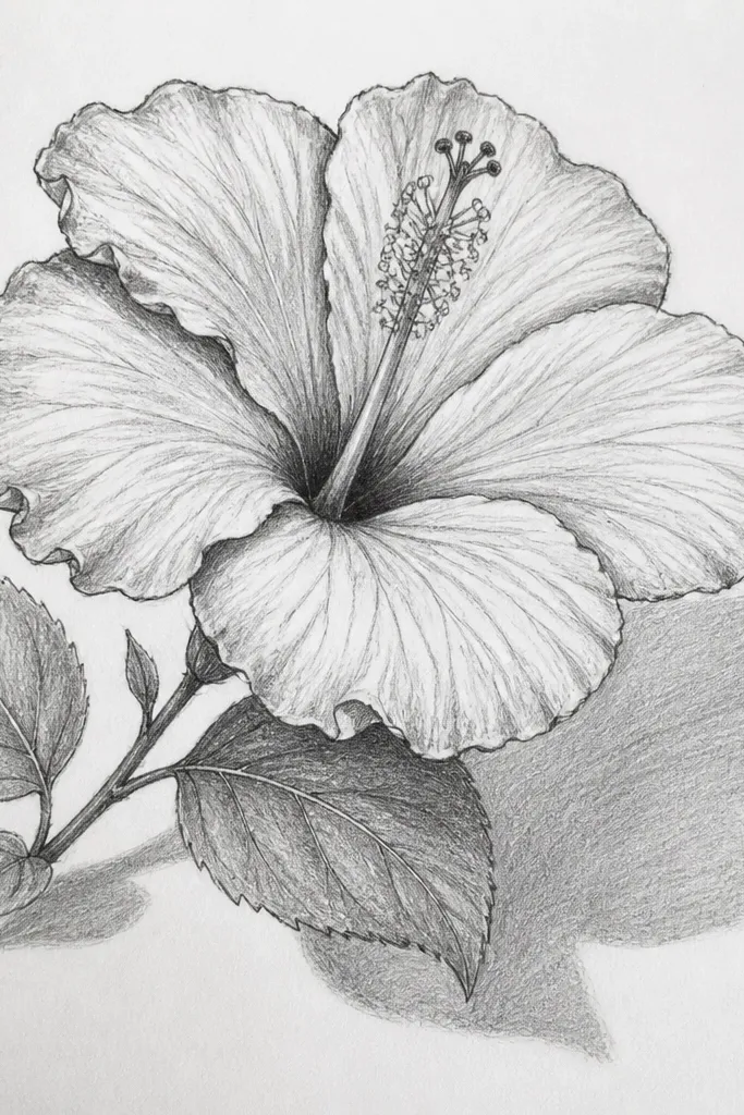 A hibiscus bloom with leaves that have visible shadow underlay shapes beneath them. The shadow is a soft gray-green under the leaf edges, while the leaf bodies are green with veins. Petals are red with a strong dark throat and subtle highlights.