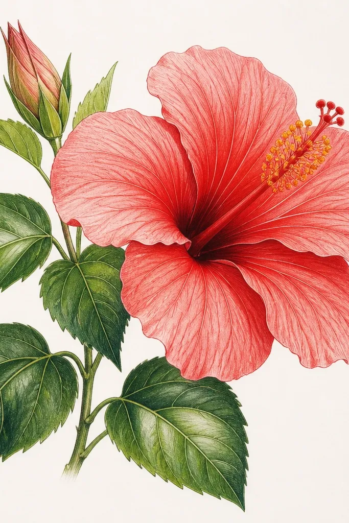 Hibiscus flower drawing with leaves