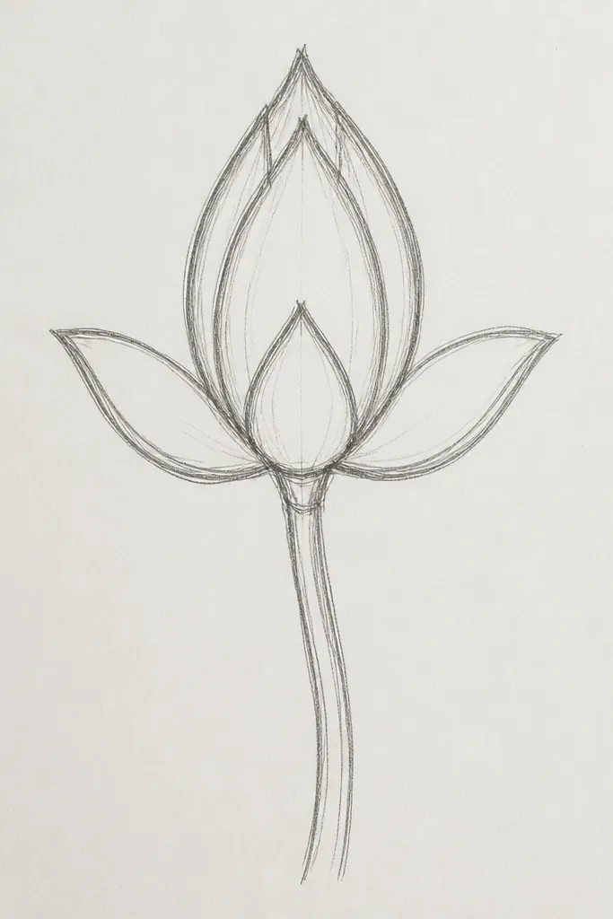 A small lotus bud centered on a white page. Three main petals arc upward like rounded shields, with a tiny curled tip in the middle. The outer petal edges are darker, while the inner faces fade to light gray shading.
