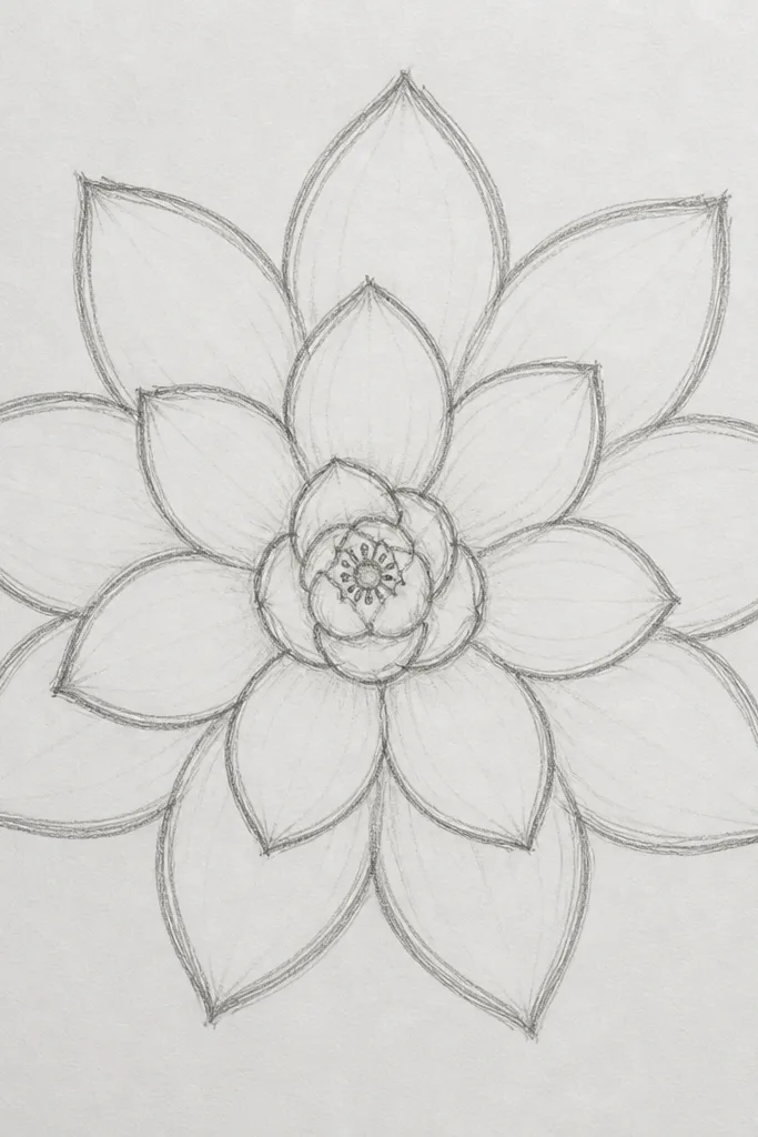 A top-down lotus viewed like a plate. There are 12 evenly spaced petals around a circular center. The petals have gentle gradients from light at the rim to darker under the fold, all in pencil with faint smudging.