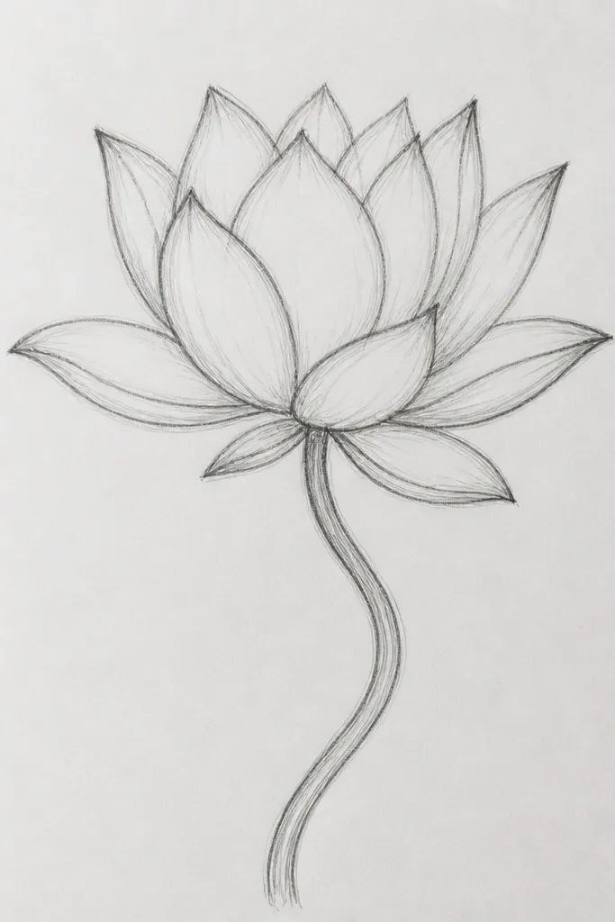 A lotus bloom tilted to the right, with petals layered like overlapping fans. A thin stem rises from the bottom, curving in an S shape. Pencil shading is strongest on the lower petal folds.