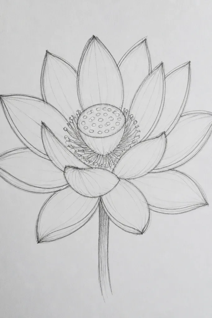 A lotus flower viewed front-on. The center has a spiral of small dots that get denser toward the middle. Petals are outlined in fine ink and shaded with pencil at the overlap zones.