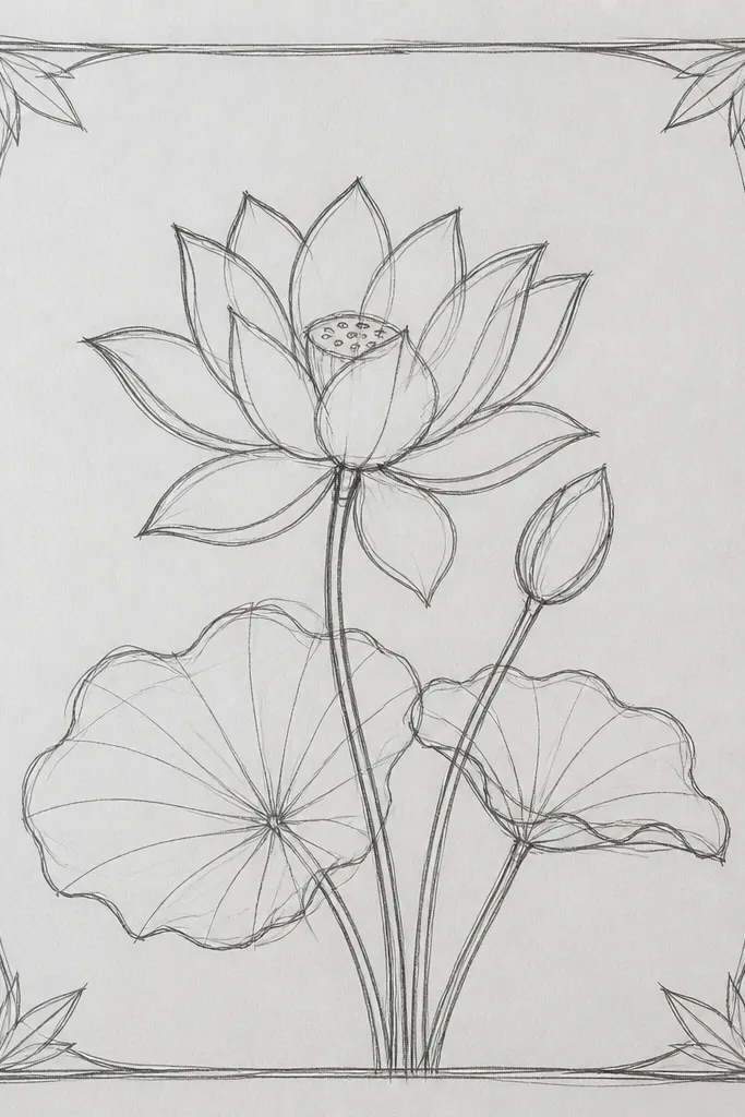 A lotus flower drawn in the center with symmetrical side leaves. The petals are layered with visible overlap shading. Around the bloom, a thin decorative border line suggests a card frame.