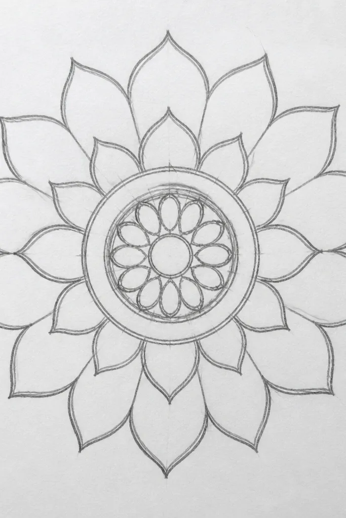 A circular mandala made from a lotus flower. There are 16 outer petals, then two inner rings of smaller petal shapes. The center has tiny repeated arcs like a mini sunburst.