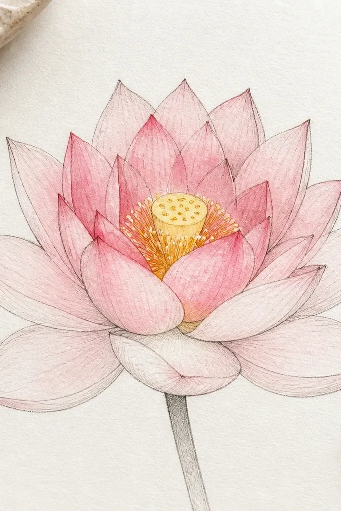 A lotus sketch where petals have a light watercolor wash. The pencil outlines remain crisp. The outer petals are pale pink and the inner petals are slightly deeper rose, with a warm yellow center.