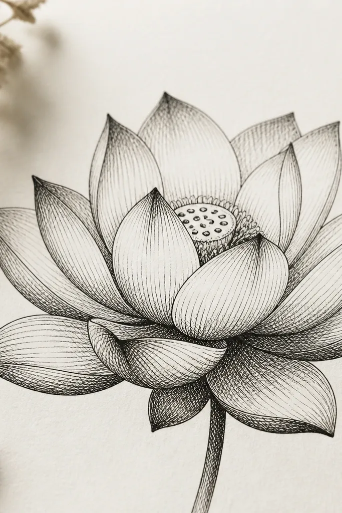 A lotus drawn in black ink with crosshatching on the petal folds. Outer petals have light hatching, while the underside and overlap areas have denser crosshatch.