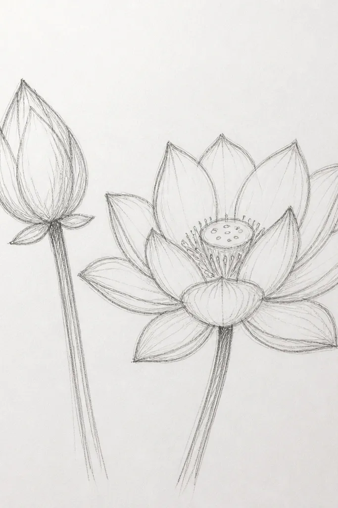 Two lotus forms on one page: a closed bud on the left and a half-open bloom on the right. Petals overlap with light graphite shading and clean outlines.