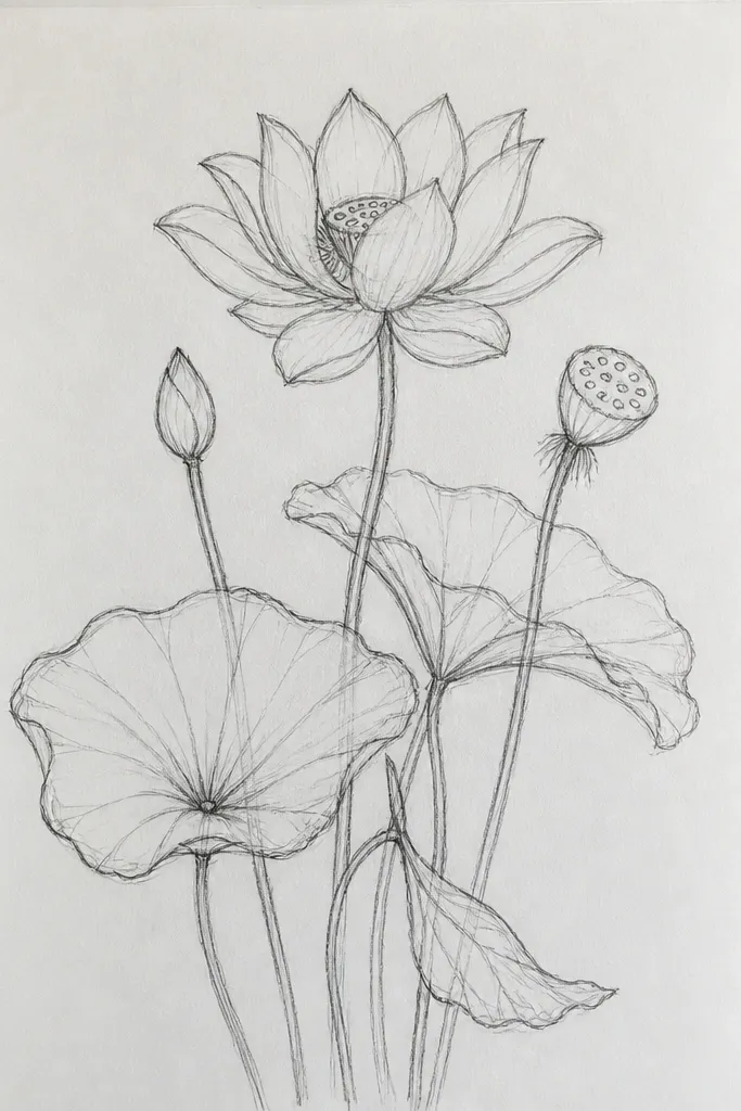 A lotus bloom drawn near the top with two long droplet-shaped leaves hanging down. The leaves have subtle vein lines. The lotus petals are layered and shaded lightly at the base.