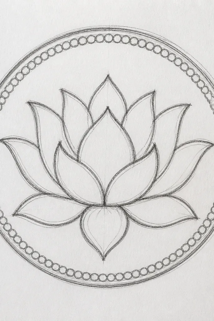A lotus inside a circular frame. Around the medallion edge, there are small bead-like dots. The lotus petals are shaded with soft pencil and the center has a ring of tiny circles.