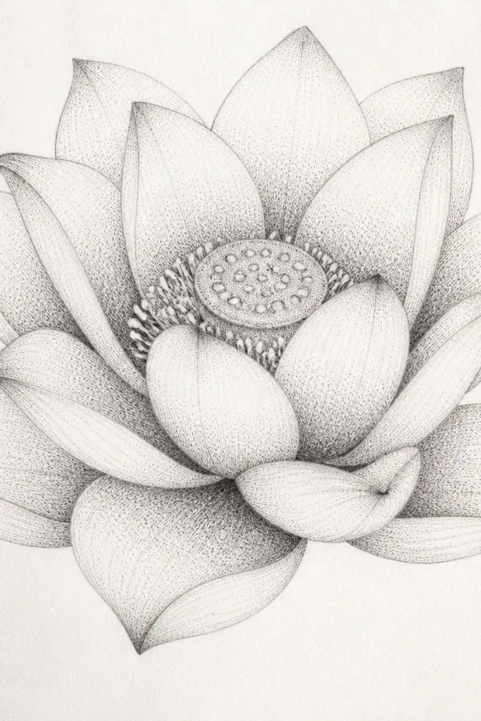 A lotus drawn in pencil with stippling on the petal folds and center. The outer petals stay lighter, while the overlap zones are filled with dense dots.