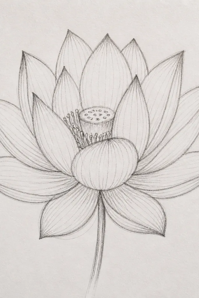 A front-facing lotus with each petal showing a faint vein line and a darker shaded strip near the fold. The center has fine lines and tiny dots.