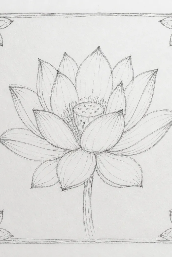 A square border with a lotus in the center and small mini lotus blooms in each corner. The center petals are layered and shaded, while the corner blooms are simpler outlines.