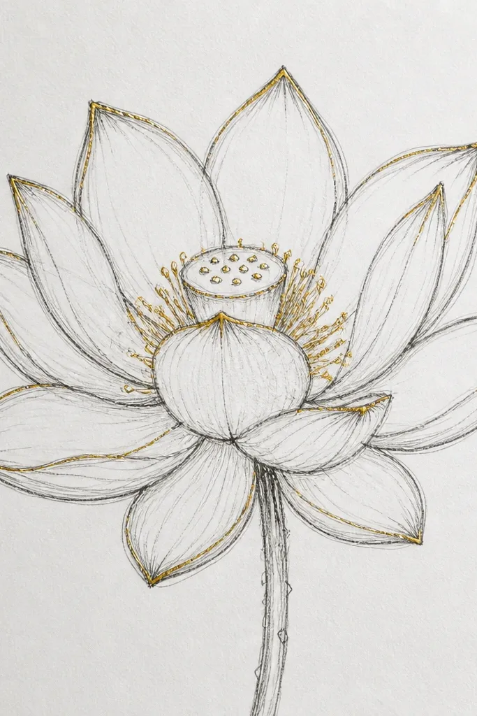 A pencil-drawn lotus with black ink outlines and metallic gold gel pen used on the petal edges and center dots. The gold catches light where the petals overlap.