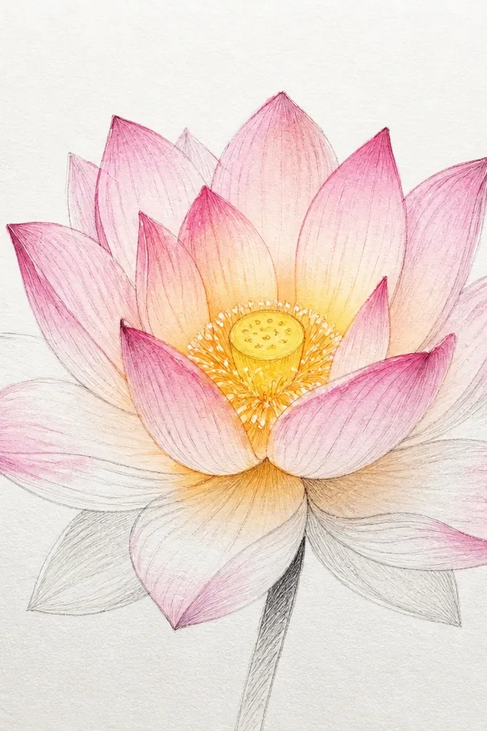 A lotus sketched in pencil, then painted with watercolor. The center glows with a soft gradient from warm yellow to pale orange, spreading slightly into inner petals.