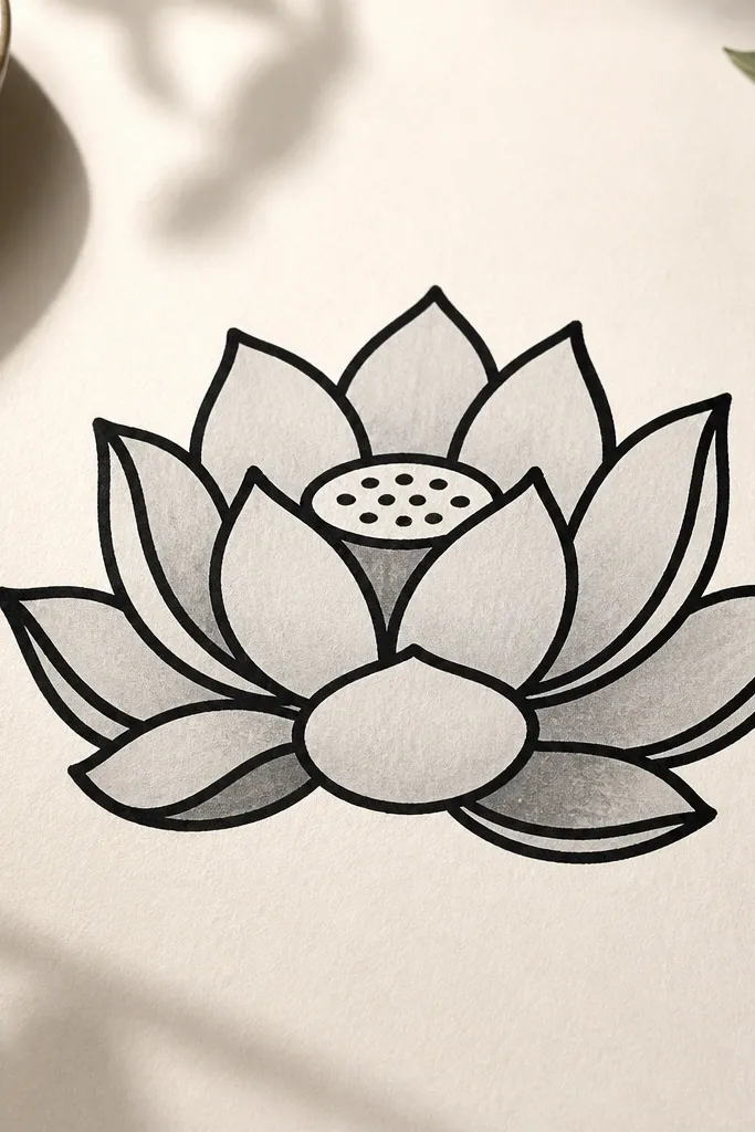 A lotus drawn with thick black marker outlines. Petal faces are filled with very light gray shading, with darker gray only in overlap zones. The center has simple seed dots.