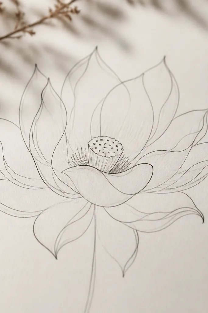 A lotus with very thin ink lines suggesting long ribbon petals. Petals are layered but simplified, with minimal shading and a light pencil center.