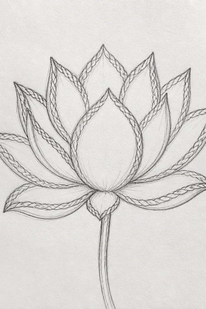 A lotus where each petal has a subtle braided pattern drawn with repeating curved lines. The overlap folds are darker, and the center has a braided spiral.